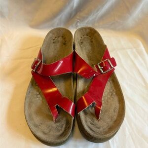 Mephisto Women's Red Patent Toe-Post Sandals with Buckle Accent